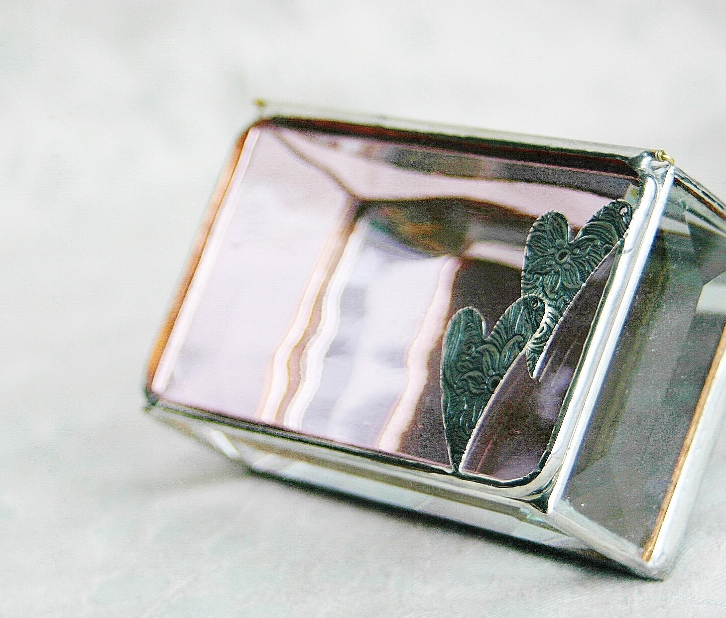 Stained Glass Jewelry Box Soft Pink 2x3 w/ two Floral Stamped Hearts Bridal Shower Gift Wedding Gift Anniversary Gift