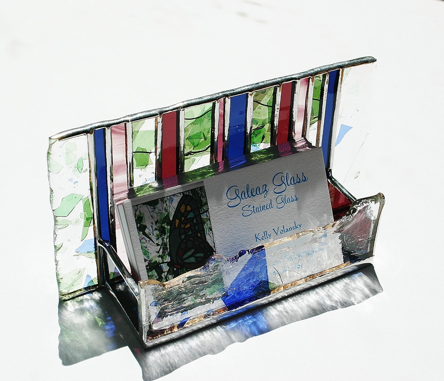 RESERVED for JAN Stained Glass Business Card Holder Green Confetti Indigo Plum Wine Art Glass Office Desk Accessory Graduation Handmade OOAK