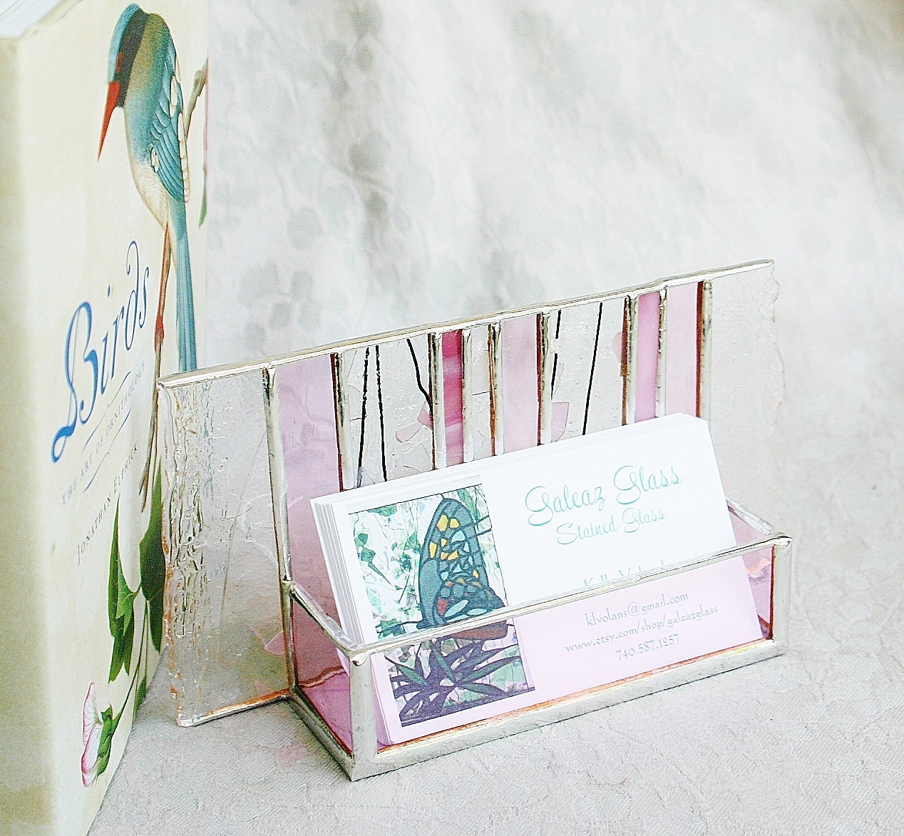 Stained Glass Business Card Holder Pink Confetti Art Glass Office Desk Accessory Handmade OOAK Striped