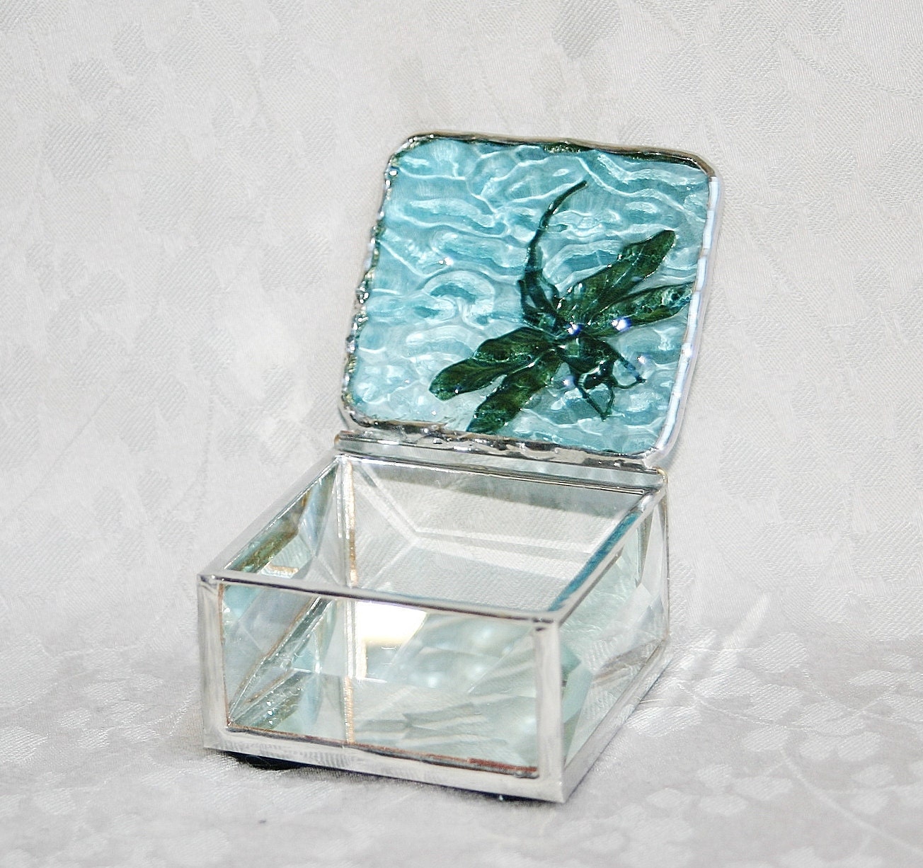 Stained Glass Ring Box Aquamarine Sky Blue 2x2 w/ Gold-tone Art Nouveau Dragonfly Wedding Ceremony Engagement Hand-crafted