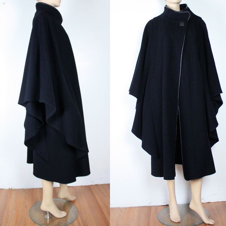 Vintage 80s DRAPED Black Batwing Wool Cape Coat