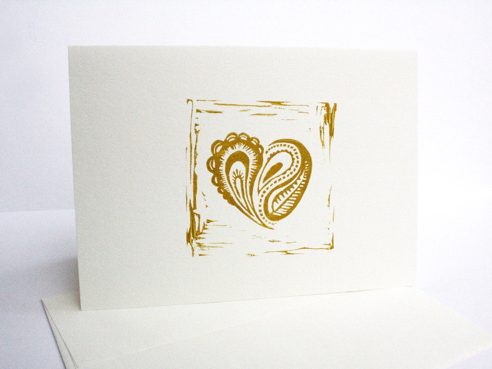 Gold Linocut Heart Card - romantic Valentines Day country paisley hand printed
