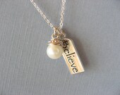 Believe Pendant, Pearl Necklace with tiny pearl in silver