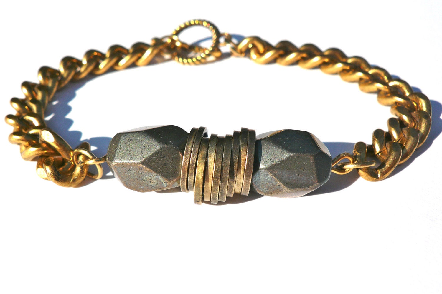 Pyrite & chunky gold chain bracelet