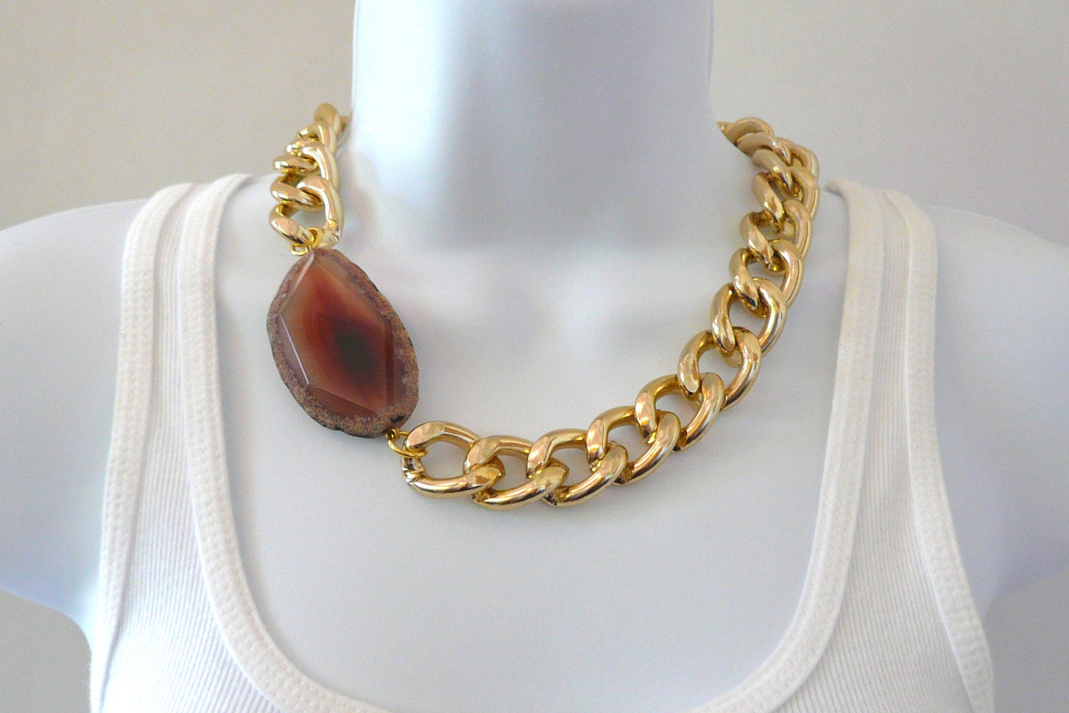 Chunky Gold Chain Link Necklace with Copper Agate