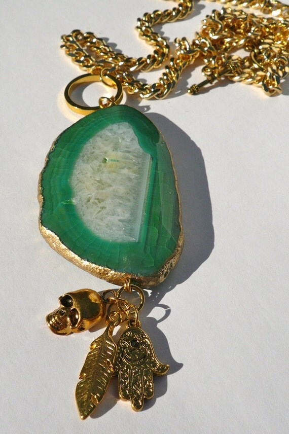 Chunky gold chain link necklace with green agate & gold charms