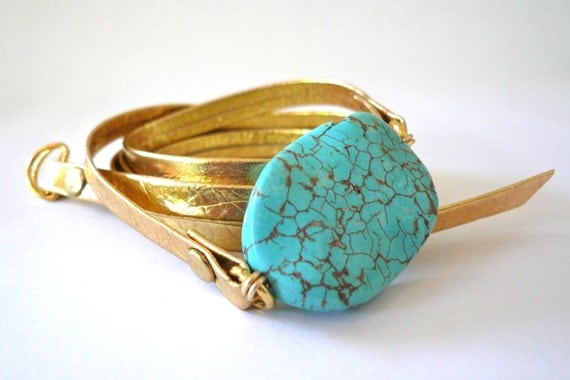 Gold Metallic Leather Wrap Bracelet with Turquoise Stone