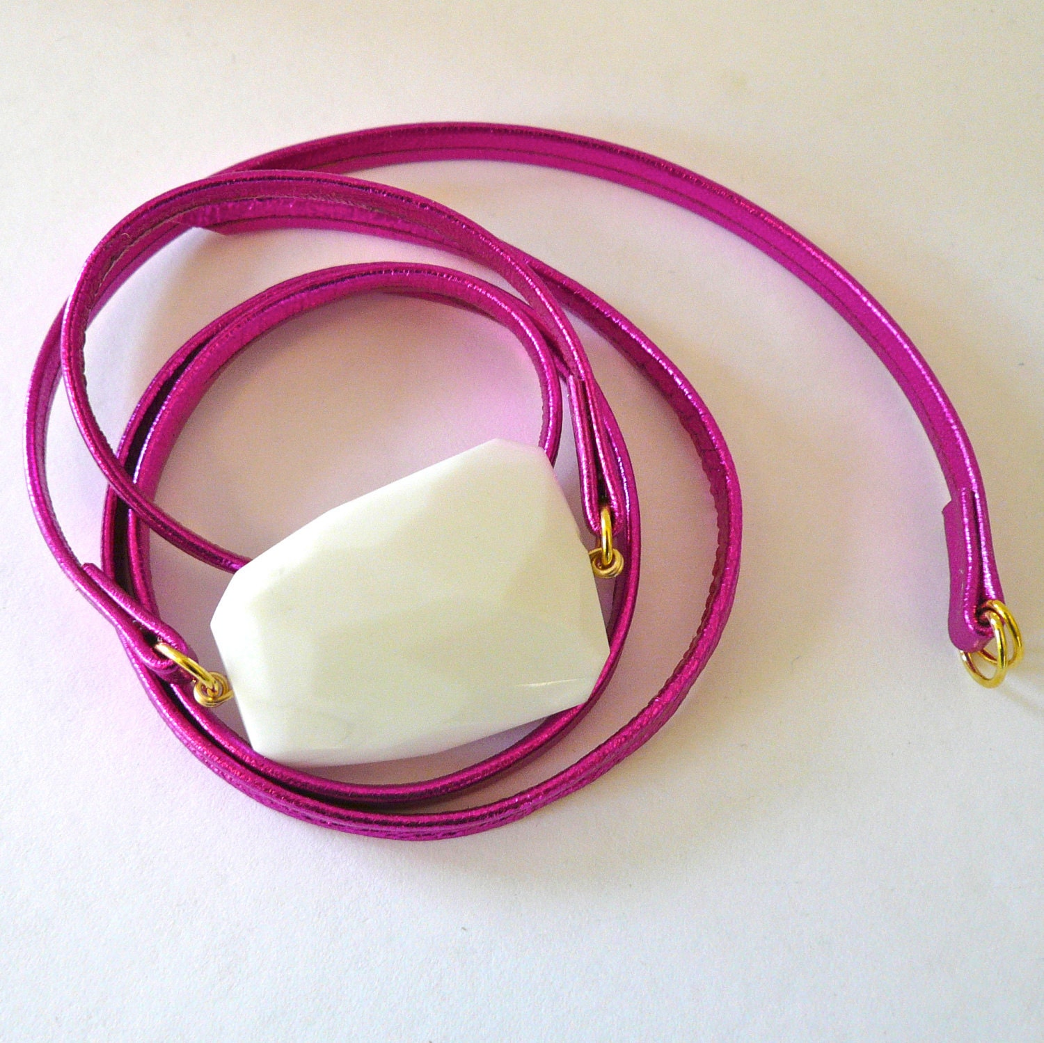 Hot Pink Metallic Leather Wrap Bracelet WIth White Faceted Agate Stone