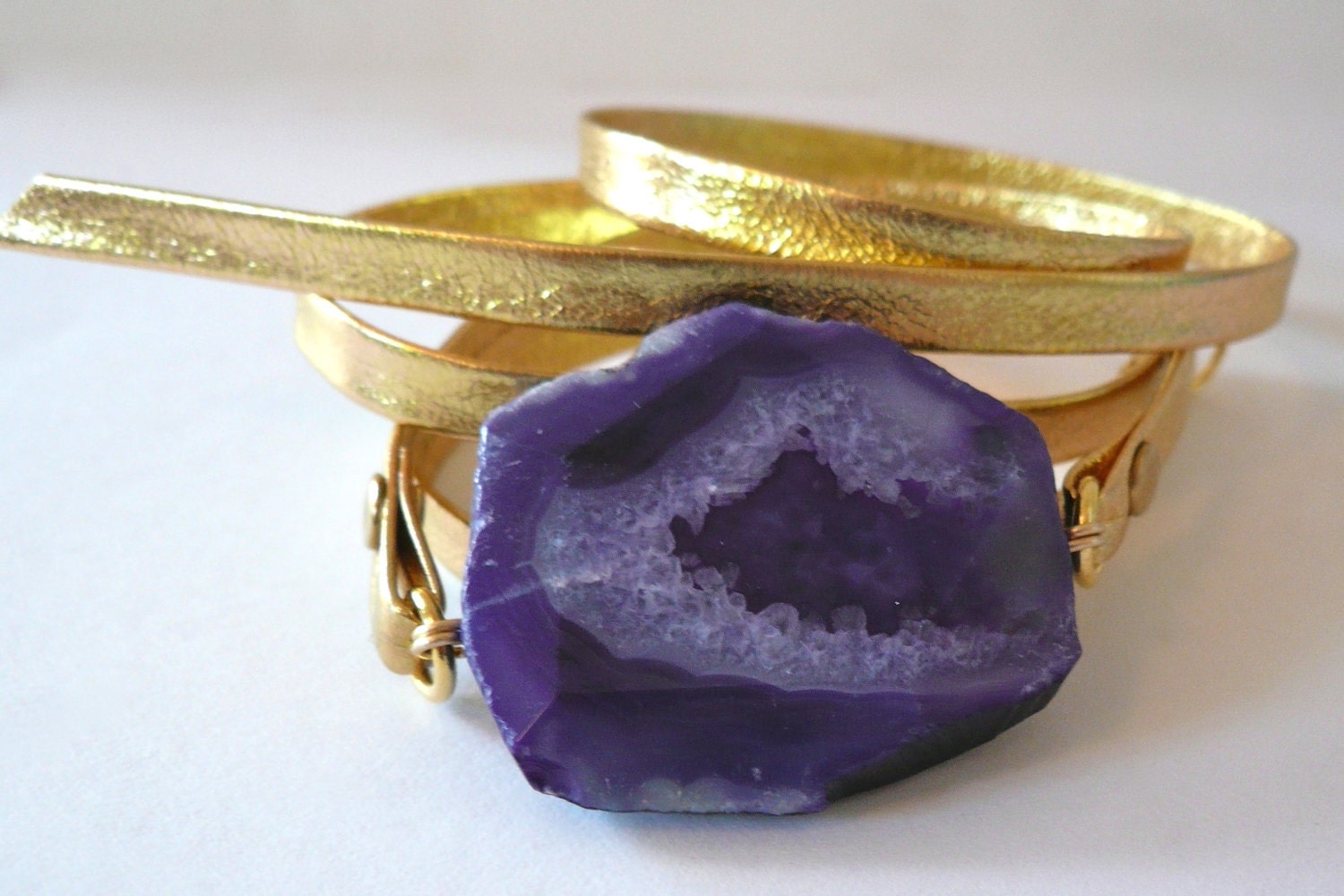 Gold Metallic Leather Wrap bracelet with Purple Agate Stone
