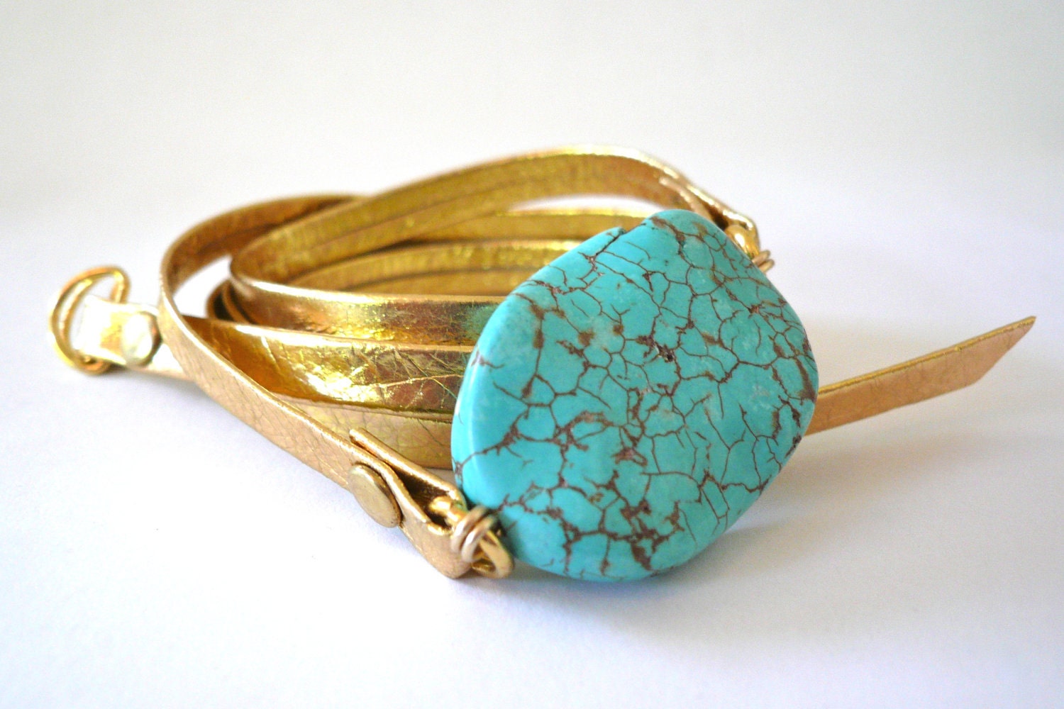 Gold Metallic Leather Wrap Bracelet with Turquoise Stone