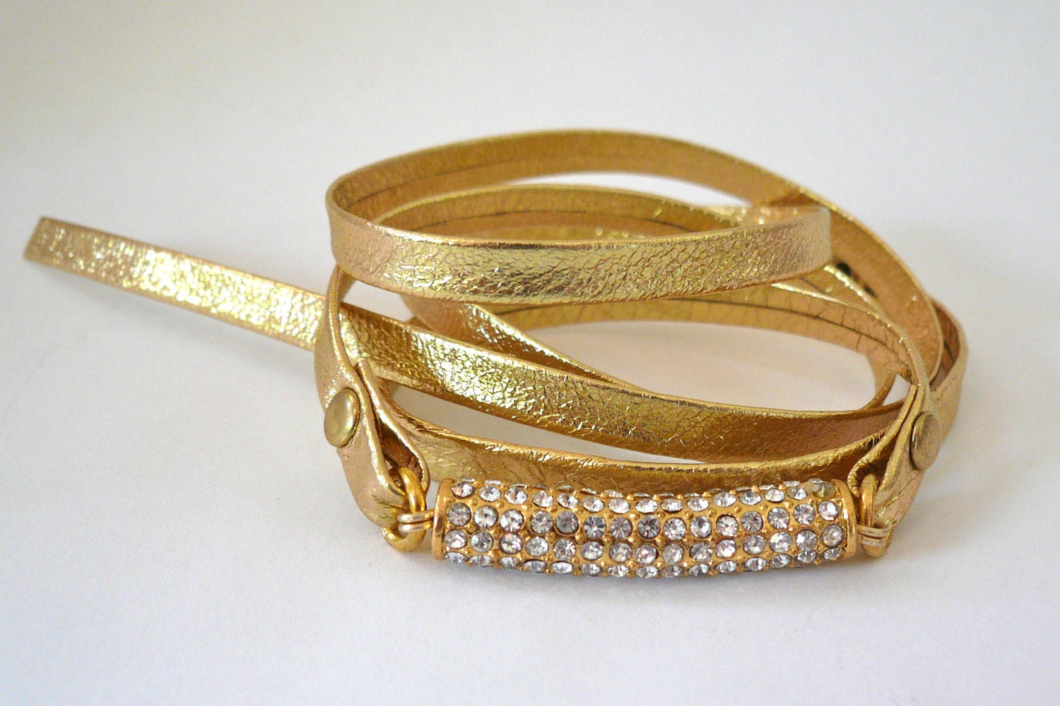 Gold Leather and Pave Wrap Bracelet