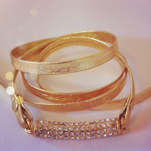 Gold Leather and Pave Wrap Bracelet