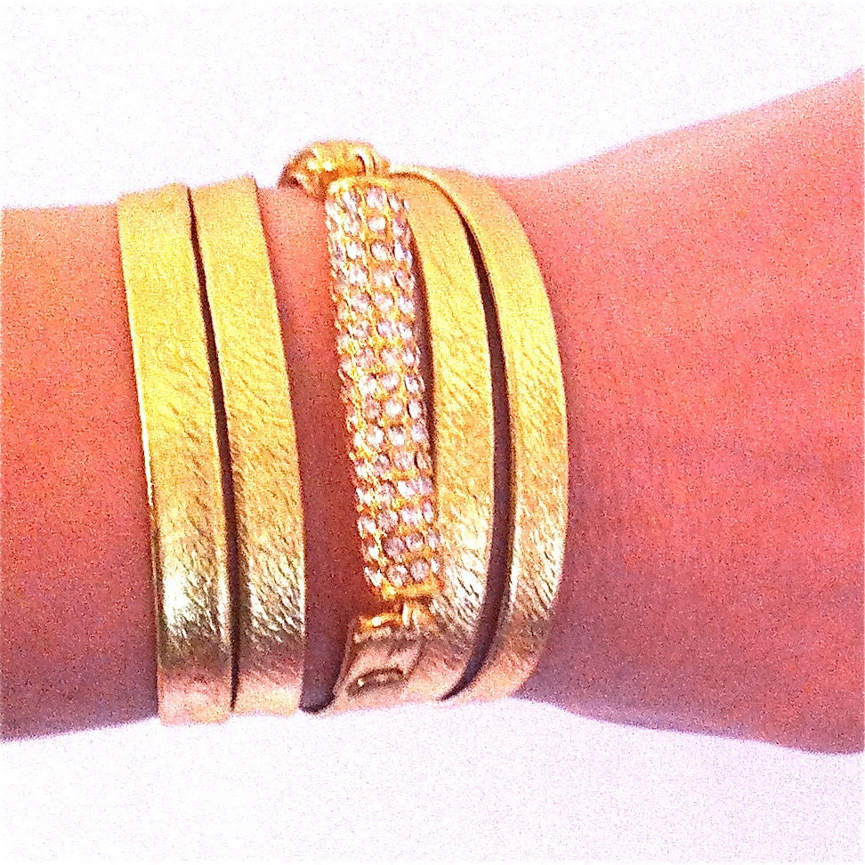 Gold Leather and Pave Wrap Bracelet