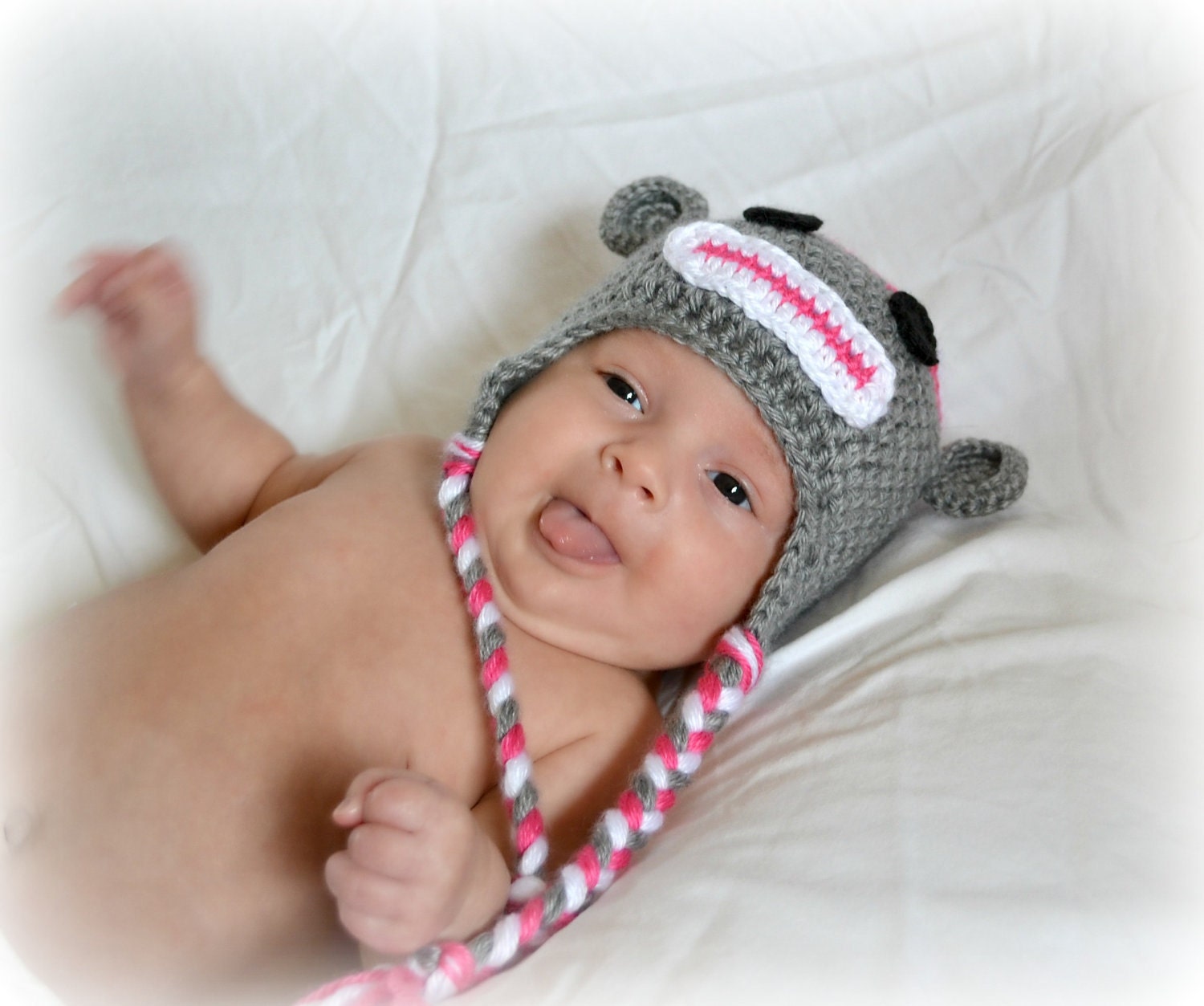 Crochet Baby Sock Monkey Earflap Hat Newborn to 5T Heather Grey/Watermelon/White MADE TO Order