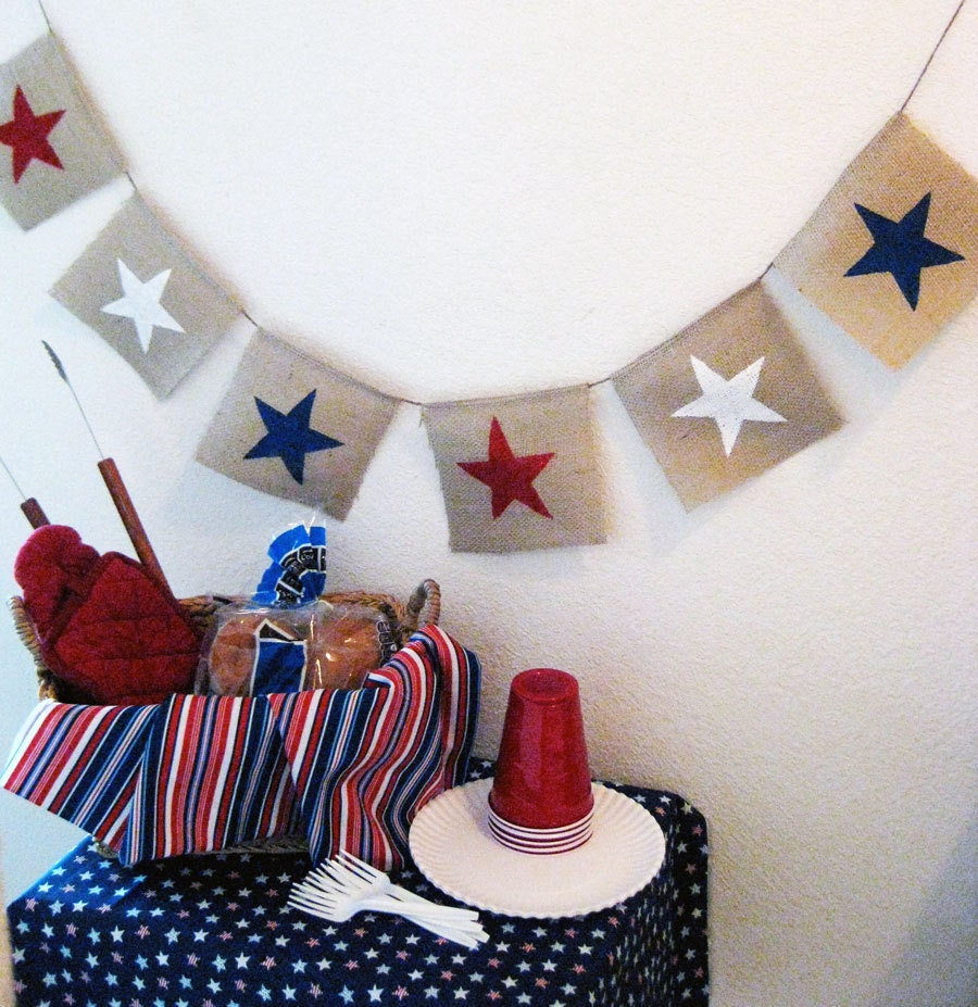 Stars Red White Blue Burlap Banner Bunting Party Decoration - We Do Custom Banners