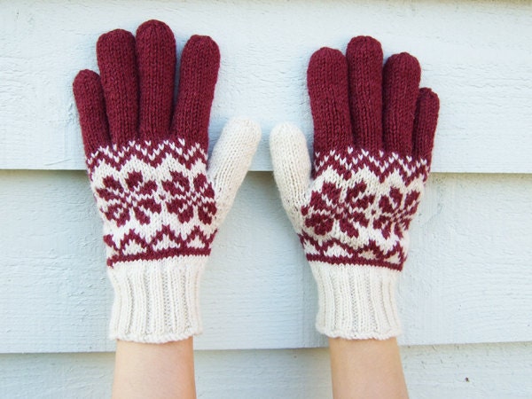 Fair Isle Star Gloves in Burgundy/Cranberry Red and Cream made in all natural wool / alpaca / silk