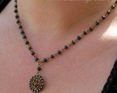 Vintage Button Necklace - Victorian Brass Floral and Blue Tint Cut Steel Button with Blue Oil Slick Glass Beaded Rosary Style