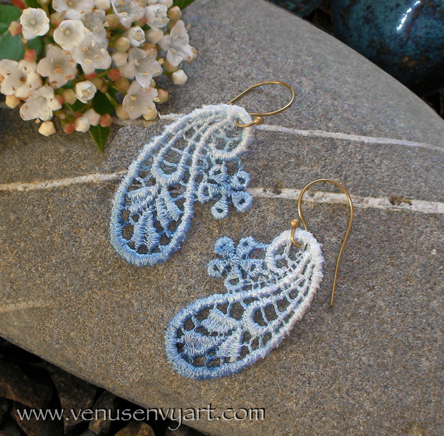 Lace Earrings: Paisley Flower in Blue Ombre "Faded Denim" (or choose color)