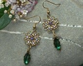 Vintage Brass Filigree Rhinestone Flower and Leaf "Bouquet" Drop Earrings