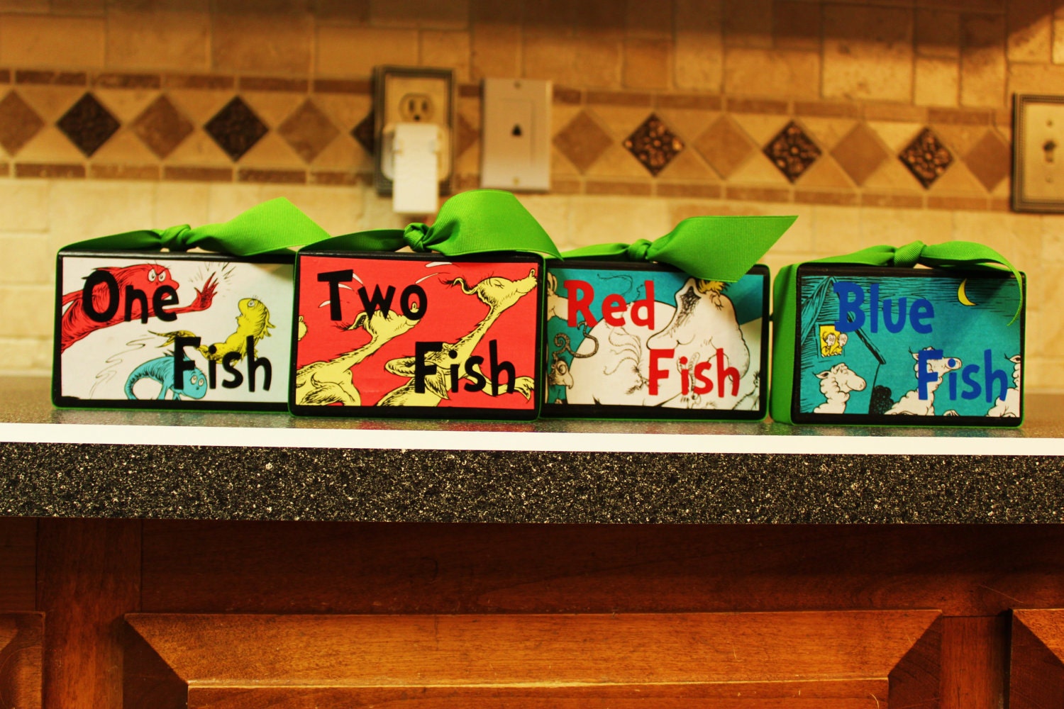 Custom childs room decor Dr. Seuss quote blocks One Fish Two Fish Red Fish Blue Fish