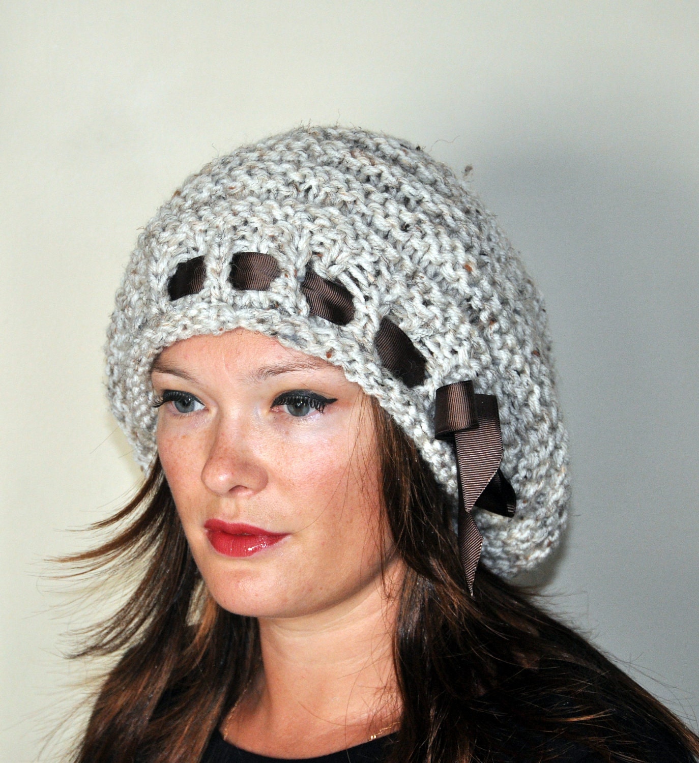 Slouchy Hat Slouch Beanie Cap Oversized Beret CHOOSE COLOR Knit Crochet Oatmeal Wool Neutral Ribbon Natural Winter Fall Autumn Fashion Girly