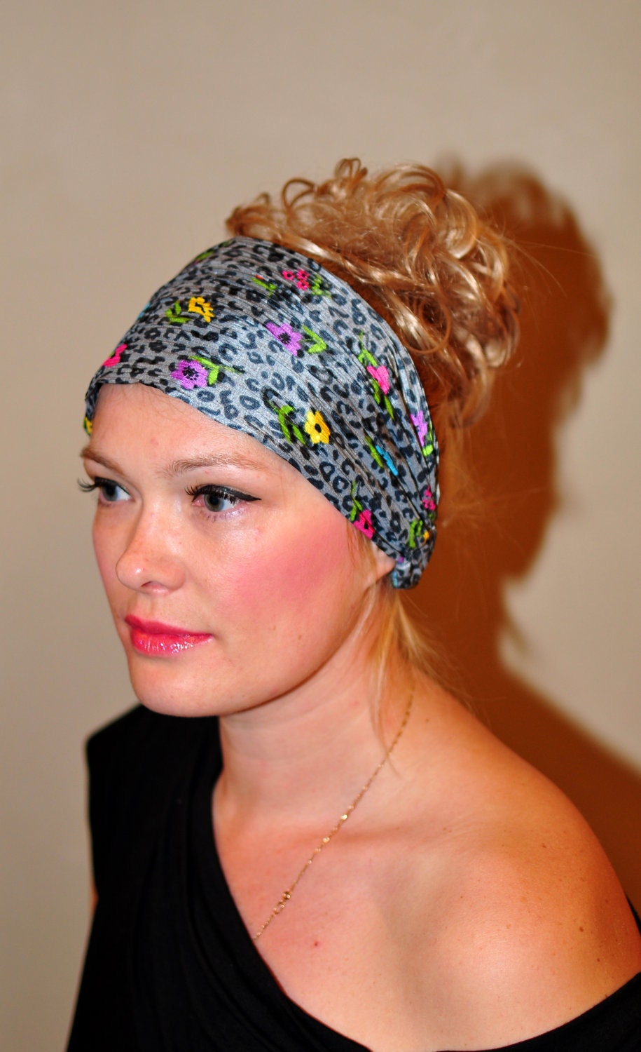 Fashion Headband Hair Wrap Headwrap Gray Pleated Flowers Chiffon Wide Hairwrap Yoga Bandana Stretch Elastic Easter Mothers Day Gift