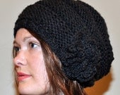 Slouch Beanie Slouchy Hat Crochet Flower Crystal Knit Winter Adult Teen Wool CHOOSE COLOR Charcoal Chunky Gift under 50