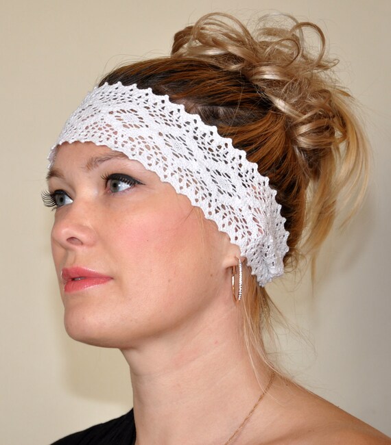 to Crochet Lace Headband 100% COTTON Snow White Summer hair wrap hair ...