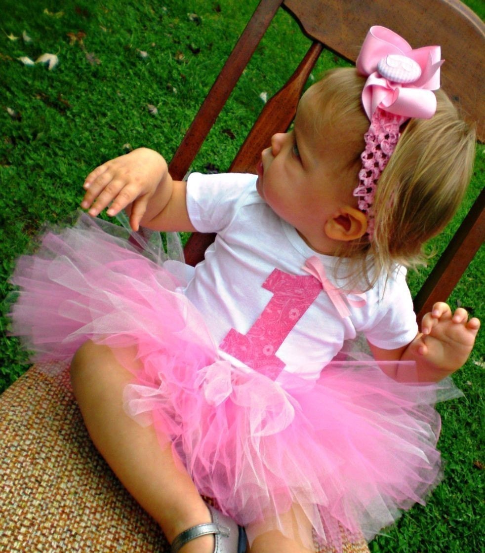 Baby Girl First Birthday Tutu Outfit with Headband and Flower Clip