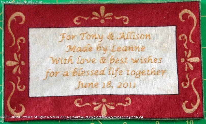 Quilt Label - Burgundy & Gold Scroll, Custom Made and Hand Embroidered