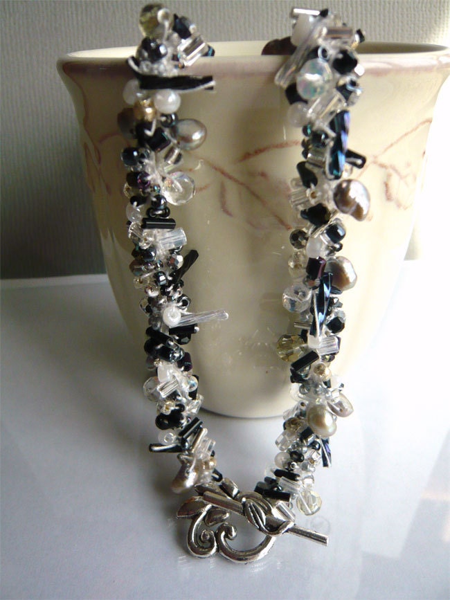 Black and Crystal Crochet Necklace Beaded Strand Necklace