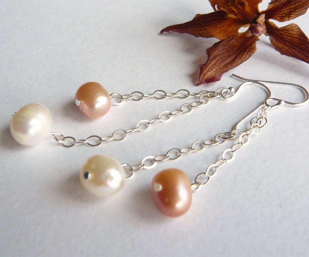 Pink and Ivory Pearl Earrings - Sterling - Freshwater Pearls - Pink and White - Pearl Jewelry - 3pearls