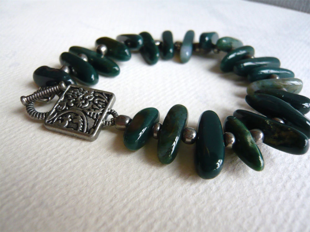 Moss Agate and Pewter Bracelet - Pine Green - Stone Bracelet -Green Stone Beads