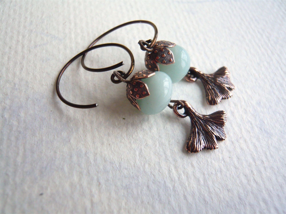 Copper and Aqua Earrings - Ginkgo Leaf Earrings - Amazonite - Copper Earrings - Pale Aqua