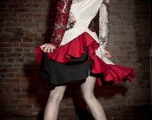 SAMPLE SALE Couture White and Red Asymmetrical Lacy Ruffle Peace Silk Dress