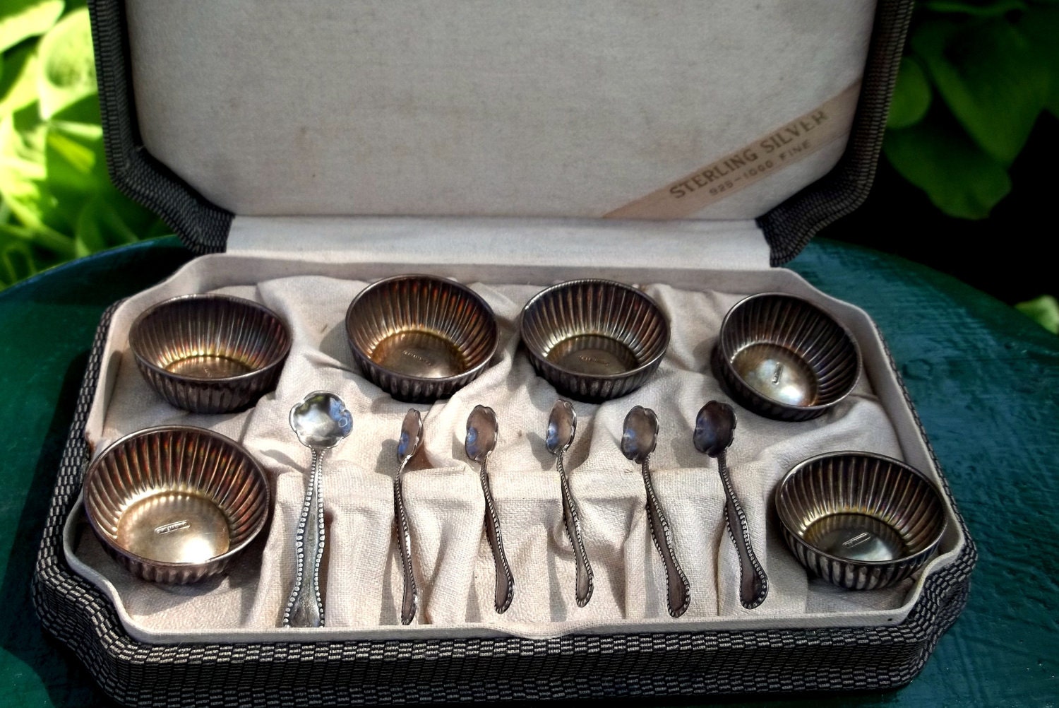 Antique Sterling Silver Salt Dips and Salt Spoons in Original Box Set of 6