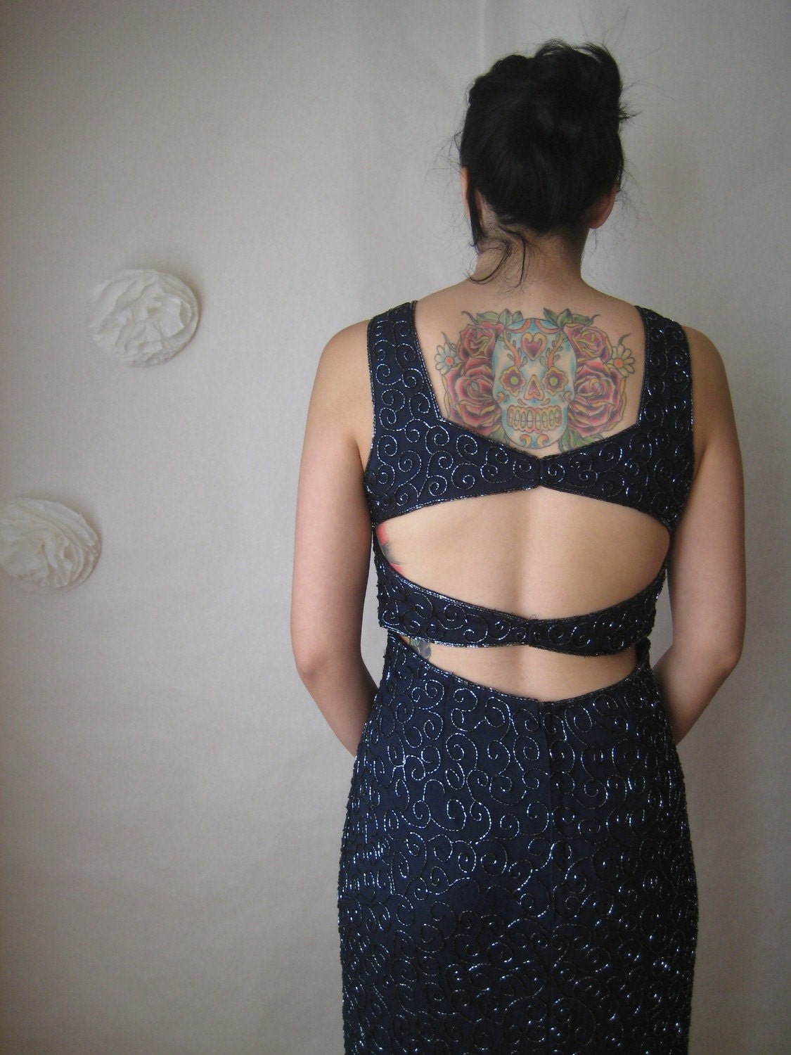 vintage beaded silk dress. midnight blue scala column maxi gown. prom dress.