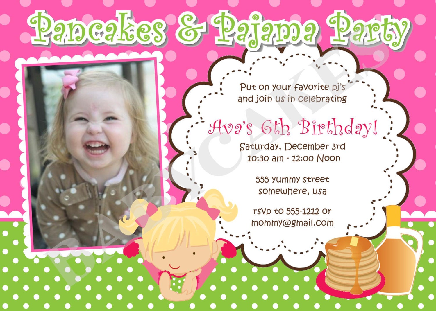 Pancakes and Pajama Party Birthday Invitation - DIY Print Your Own - Matching party printables available