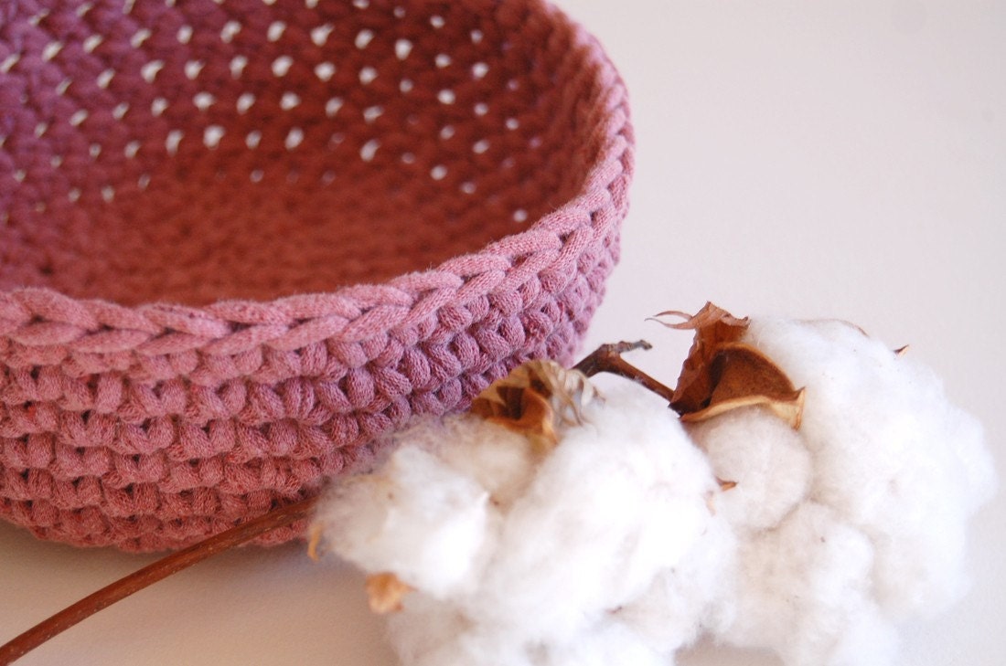 Raspberry Crocheted Bowl - Recycled Tshirt - Eco Friendly
