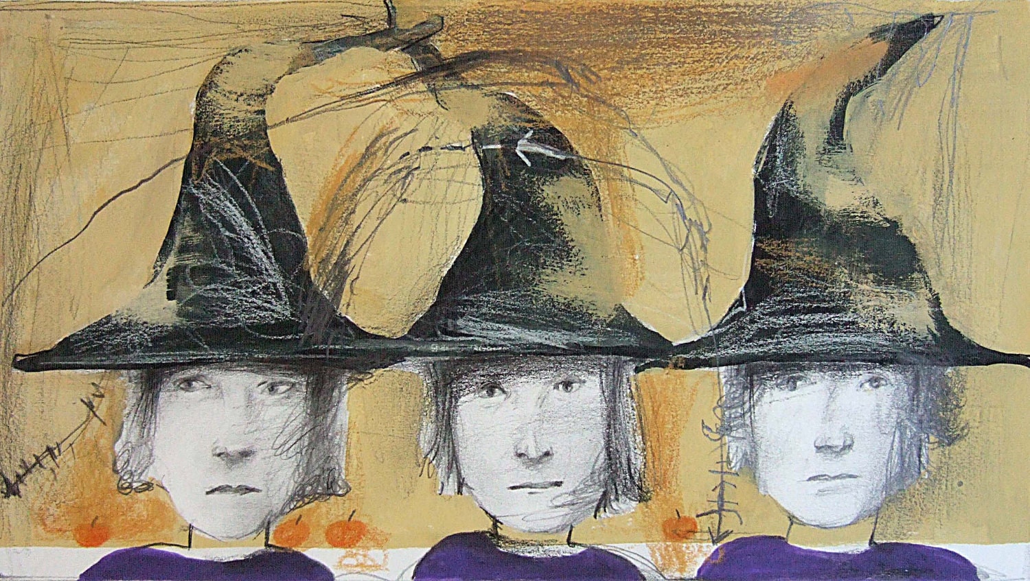Art Print of  mixed media portrait THREE  halloween figurative