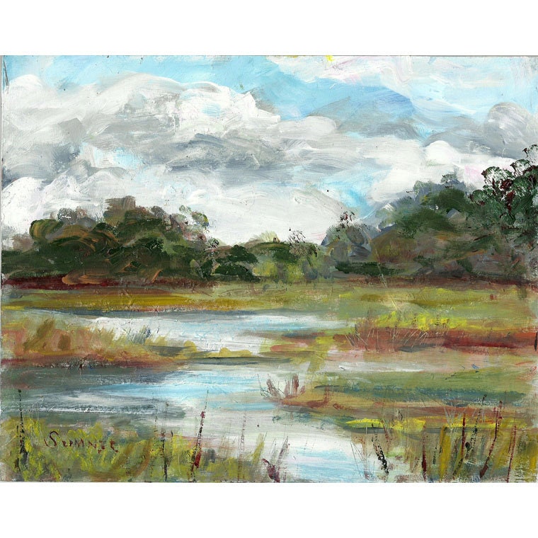 Original acrylic landscape painting Marsh Trees Clouds 8x10