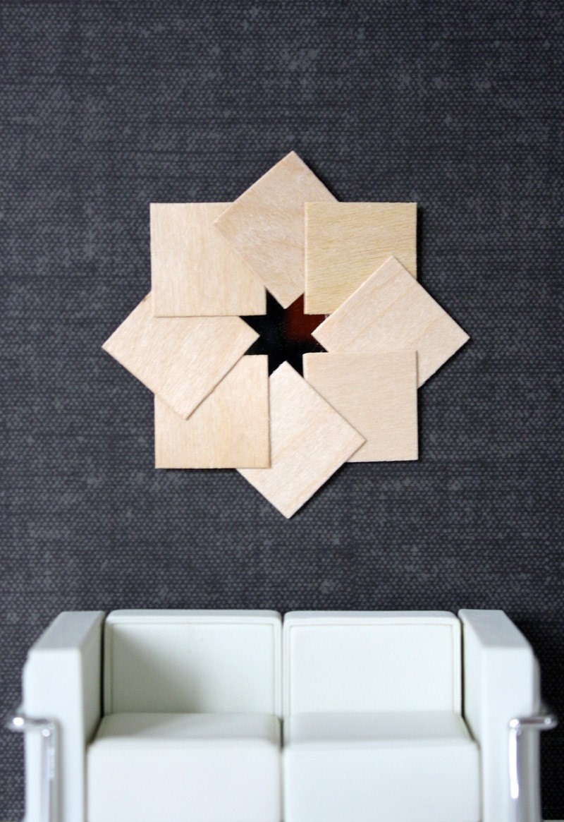 Miniature Art Deco Mirror, "Shuriken" Wood Frame, Wall Decor in 1:12 Scale