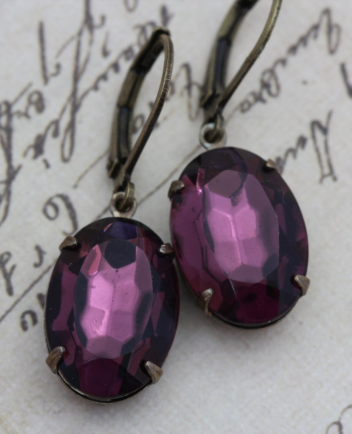 Vintage Jewel Earrings - Purple Amethyst Antique Rhinestone Bridesmaids Bridal Oval Vintage Glass Earrings Clip Ons Available