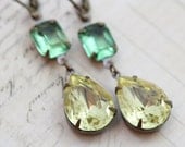 Bridesmaids Earrings Vintage Earrings - Yellow Jonquil & Green Peridot Glass - Wedding Bride Clip On Available