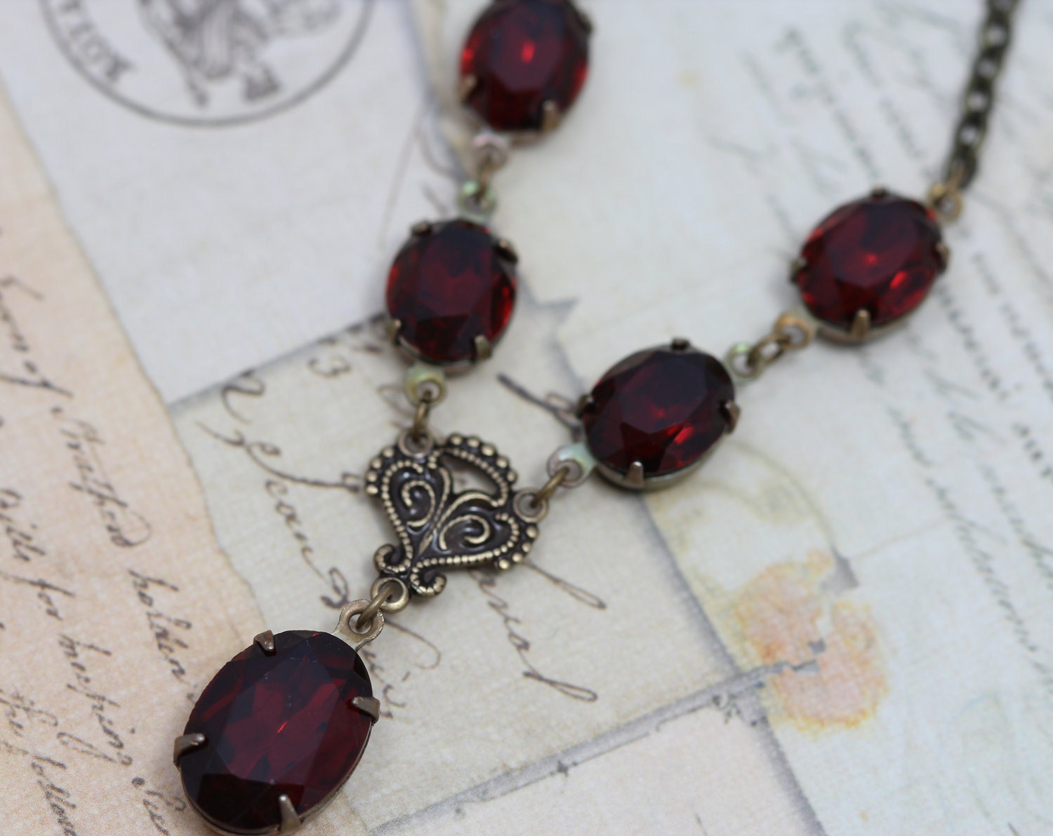 Vintage Garnet Jewel Necklace - Antique Brass Detailed Focal - Deep Red Garnet Vintage Glass Handmade by Inspired by Elizabeth