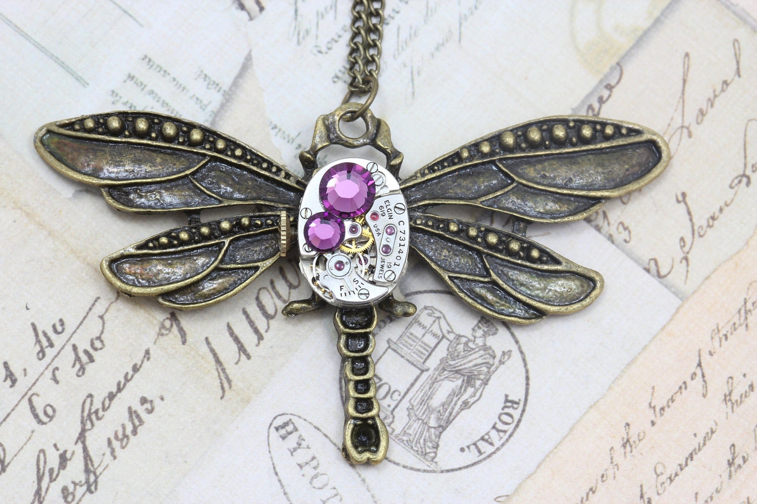 Steampunk Necklace Dragonfly Steam Punk Amethyst Purple Jewelry - Vintage Elgin Watch - Swarovski Crystal