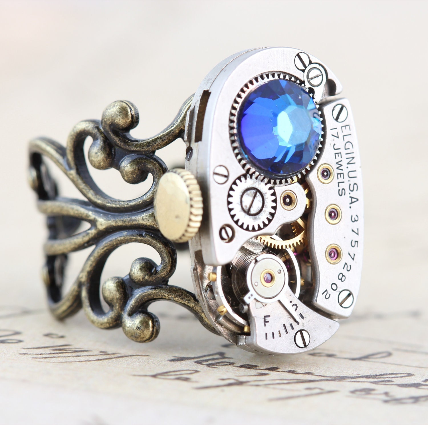 Steampunk Ring Jewelry - Blue Brass Silver - Steam punk - Elgin Clockwork - Swarovski Crystal