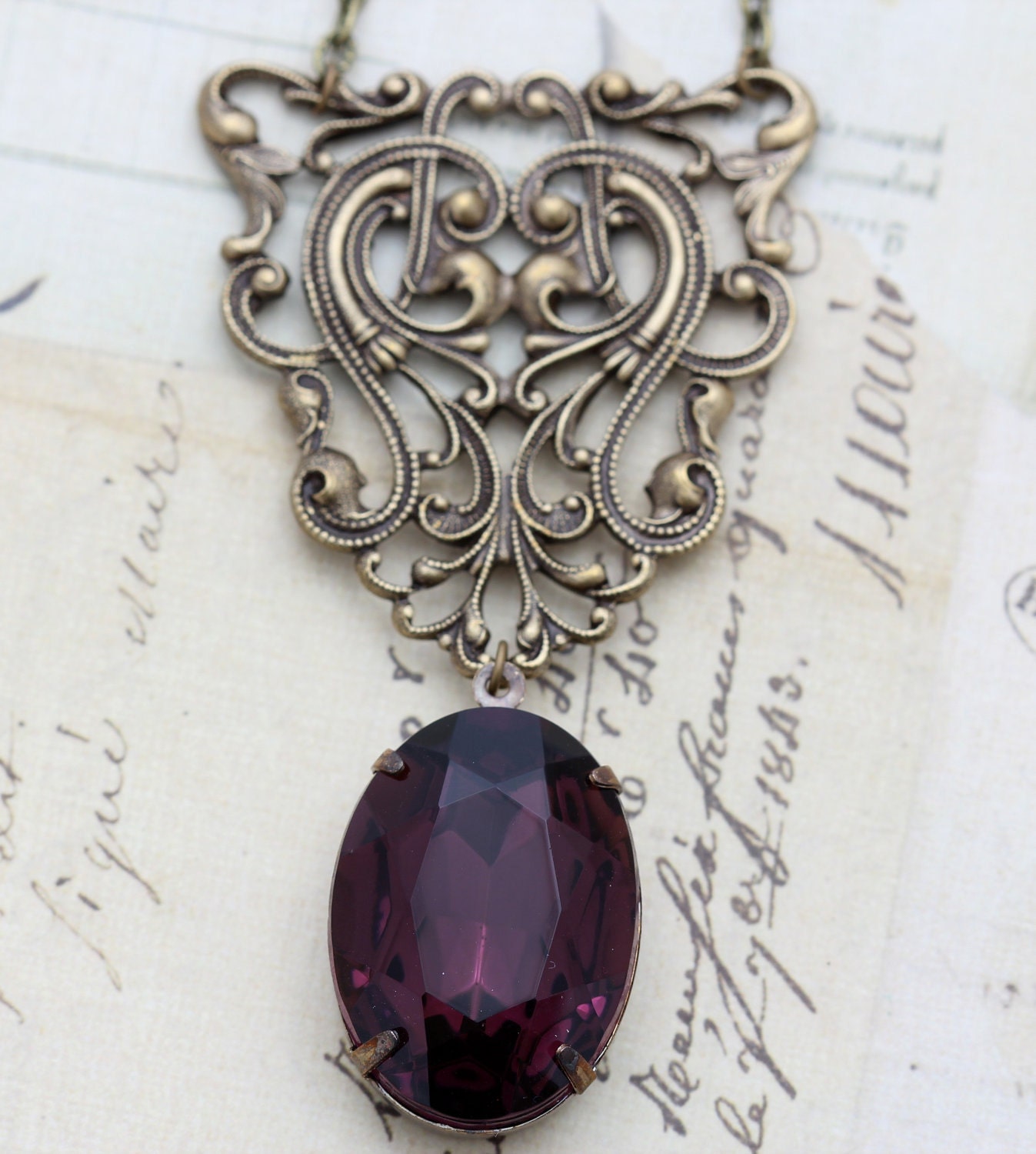 Vintage Amethyst Necklace Victorian Goth February Birthstone Jewel Necklace Vintage Glass Purple Jewel - Steampunk by Inspired by Elizabeth