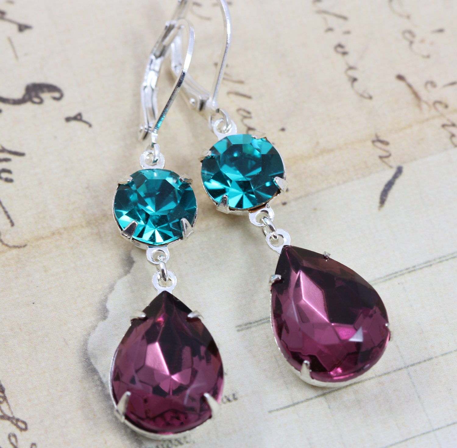 Bridesmaids Jewelry Silver Peacock Wedding Earrings Purple Amethyst Teal 6 Pairs Bridesmaids Jewelry Vintage Earrings - Clip ons avail
