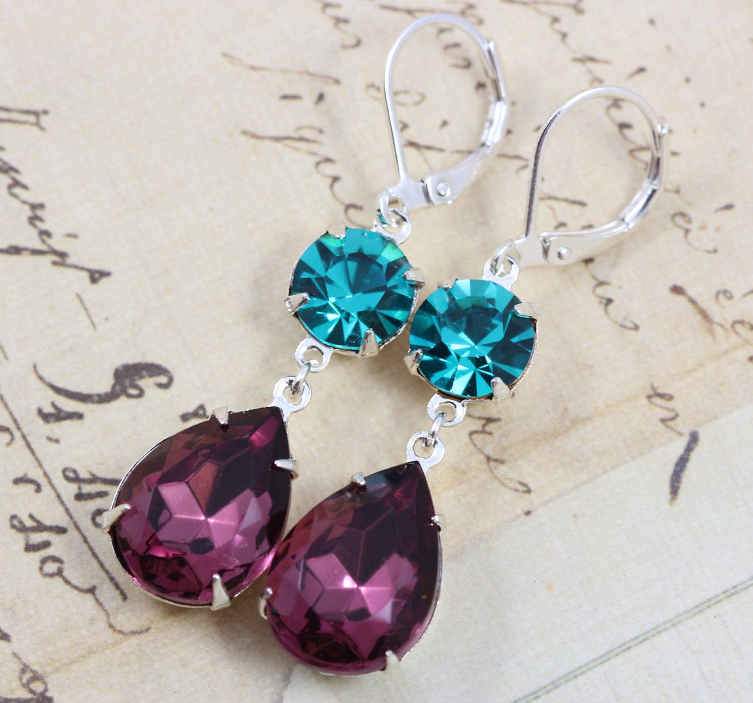 Bridesmaids Jewelry Silver Peacock Wedding Earrings Purple Amethyst Teal 6 Pairs Bridesmaids Jewelry Vintage Earrings - Clip ons avail